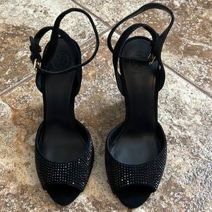 Black wedge heel crystal adorned ankle wrap Tory Burch sandals size 9